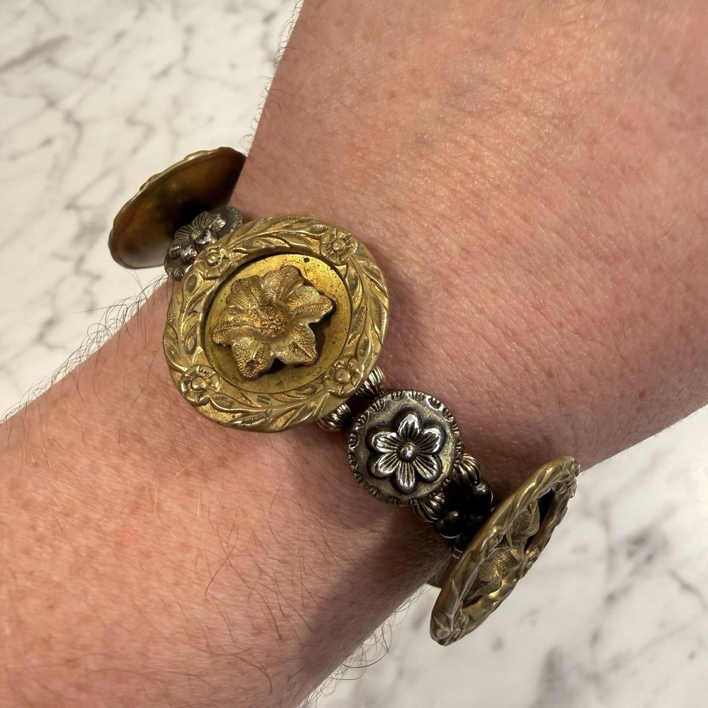 Antique High Relief Flower Button Bracelet Toggle Clasp Handcrafted 6.25"